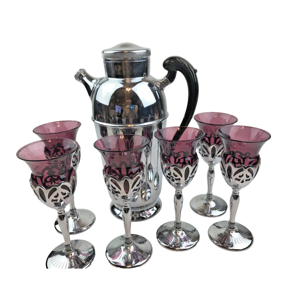 Vintage Farber Bros Krome Kraft Cocktail Shaker & 6 Amethyst Cordial Glasses MCM